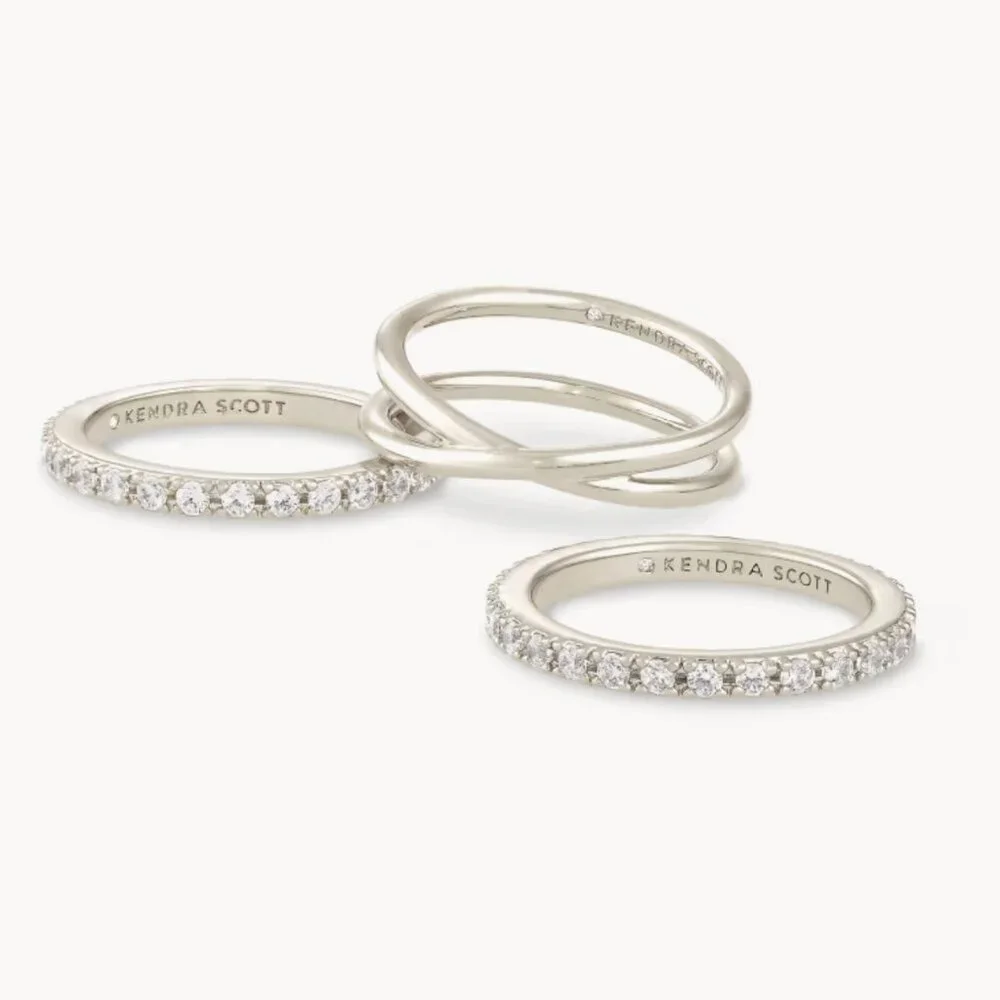 Kendra Scott Livy Silver Rings Set of 3 in White Crystal Size 6 - Picture 2 of 6
